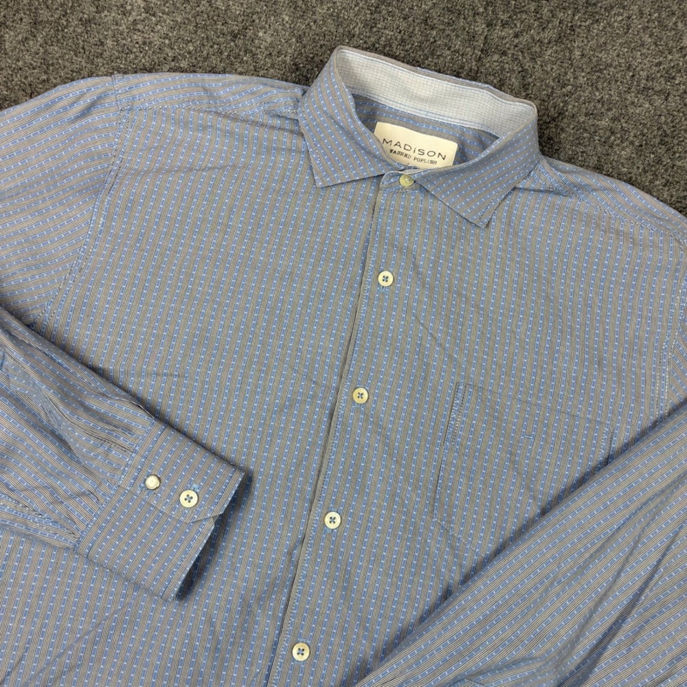 Madison Washed Poplin Mens Size Large Blue Striped Button Down Shirt Long Sleeve